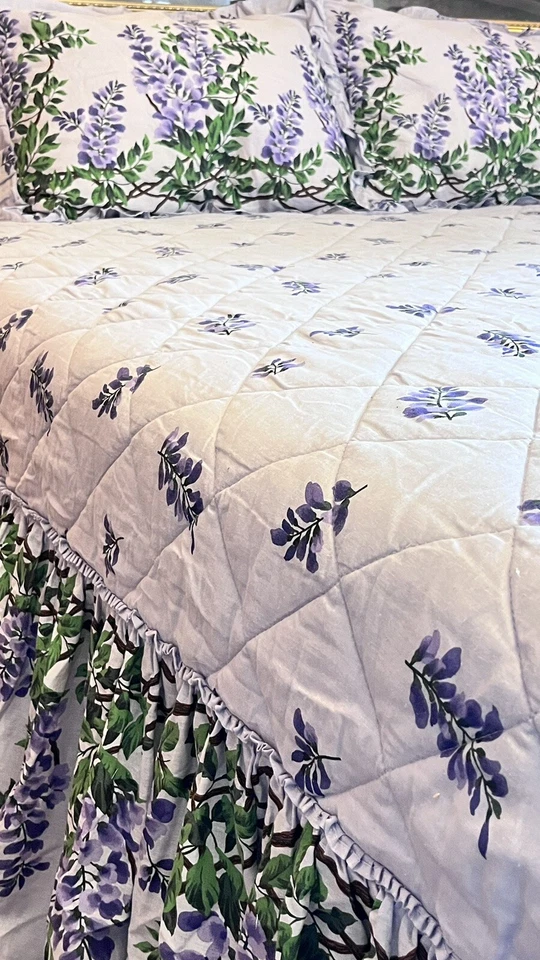 Q Bedspread Set Lavender Wisteria Botanical Vines Cottage French Farm Purple - Image 4 of 4