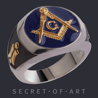 Freimaurer Ring Masonic Blue Lodge Siegelring 925 Silber 750 Gelbgold-Vergoldung