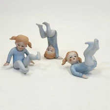 3 Ron Gordon Gymnastics Girls Ceramic Figurines Tumble Poses Blue Vintage 1980s