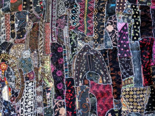 vintage gothic boho patchwork crazy quilt india Sari tapestry blanket coverlet L - Picture 7 of 12