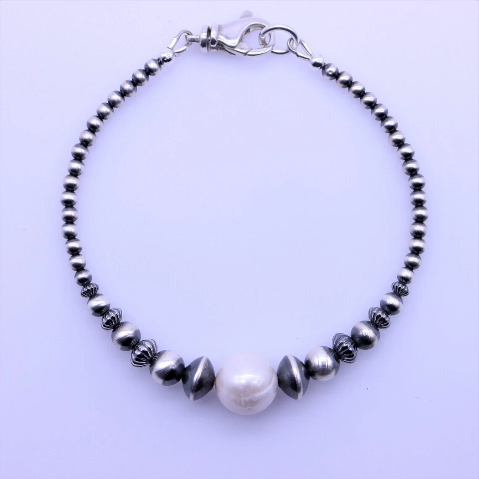 Brazalete Natural 10mm Perla Redonda y Plata de Ley Perla Navajo Desierto Cuentas Foto 3 de 4