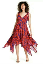 ALEXIS for Target Tropical Leaf Tie Strap Asymmetrical Hem Dress Red/Blue, Small