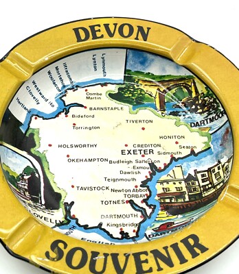 Vintage Devonshire Souvenir Ash Tray Made In Hong Kong Map Landmarks Gold Black