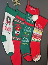 4 Vintage Christmas Knit Stockings, Angels, Wreath, Ornament & Christmas List