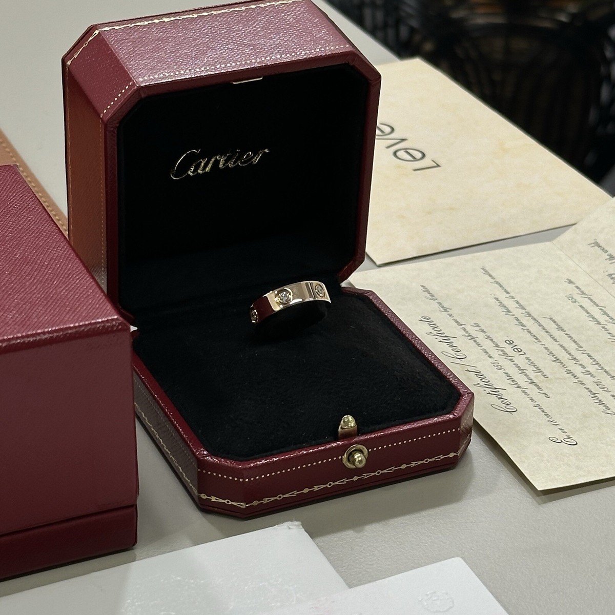 Genuine Cartier Love Ring Full Diamond Rose Gold Size 53 Box And Paper