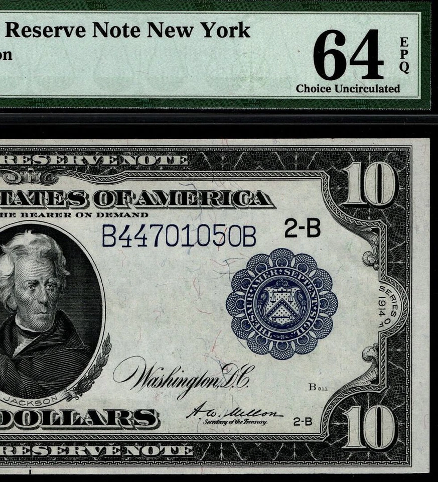Billete de 10 dólares de la Reserva Federal de Nueva York de 1914 Fr. 911a SN B44701050B PMG 64 EPQ (FDE)
