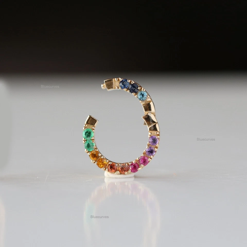 12mm Rainbow Sapphire Round Enhancer Push Lock, Pendant Charm Holder in 14k Gold - Image 3 of 4