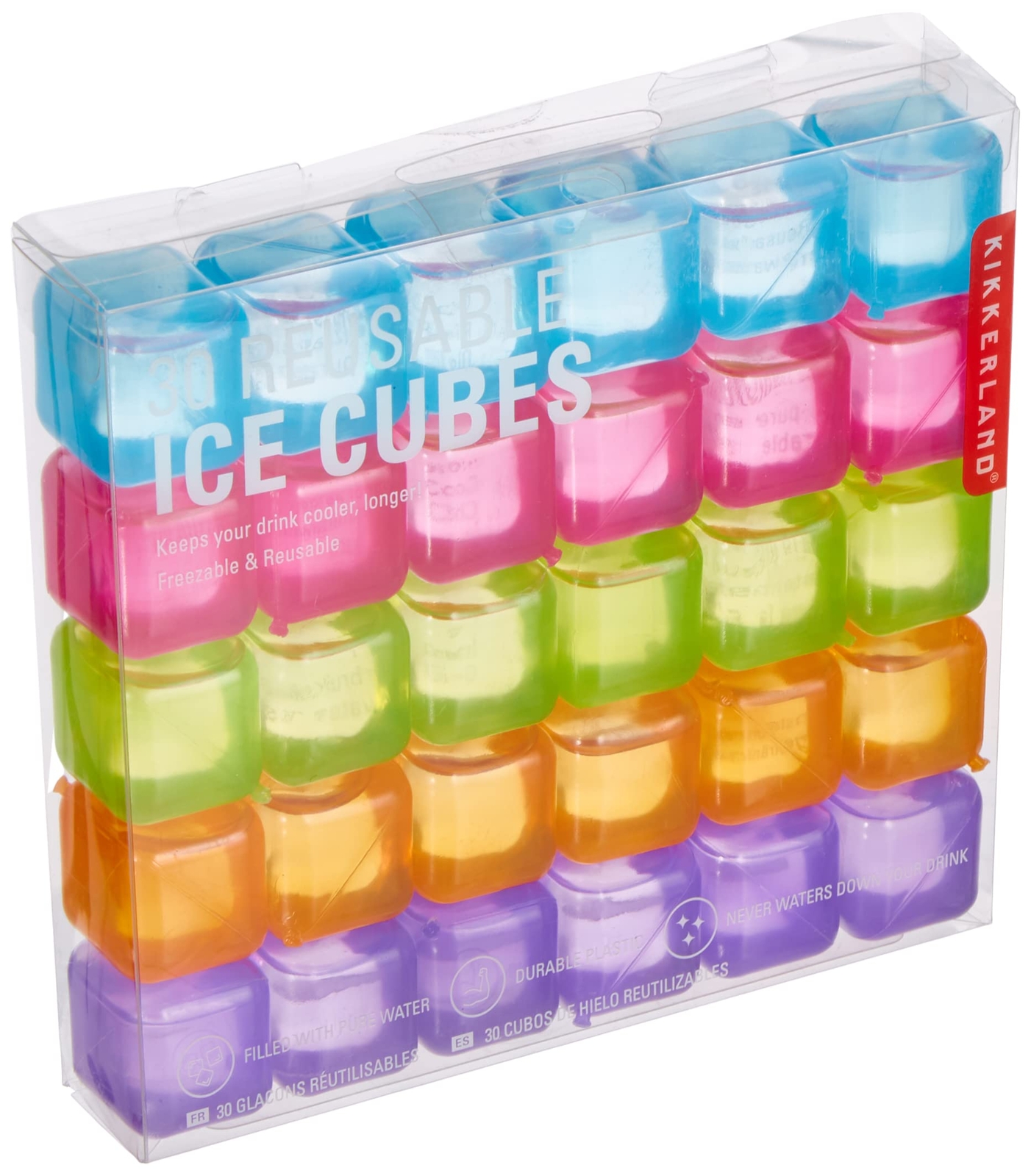 Kikkerland Reusable Ice Cubes, Set of 30, Blue/Pink/Green/Orange/Purple, 16.3 x