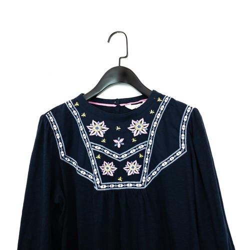 Per Una Navy Pink Floral Embroidered Puff Sleeve Jersey Cotton Blouse - Size 14 - Picture 7 of 13