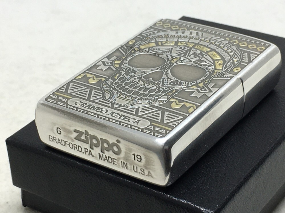 Zippo Aztecah Skull Face Both side Etching Oxidized Silver Plating