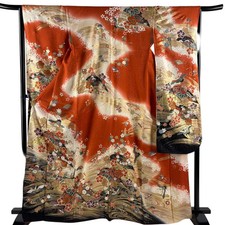 JAPANESE KIMONO FURISODE Orange 165cm 5 ft 5 in PURE SILK AA8814