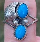 Vtg Navajo Sterling Silver Sleeping Beauty Turquoise Ring Size 6.5 w/Leaf & Bead