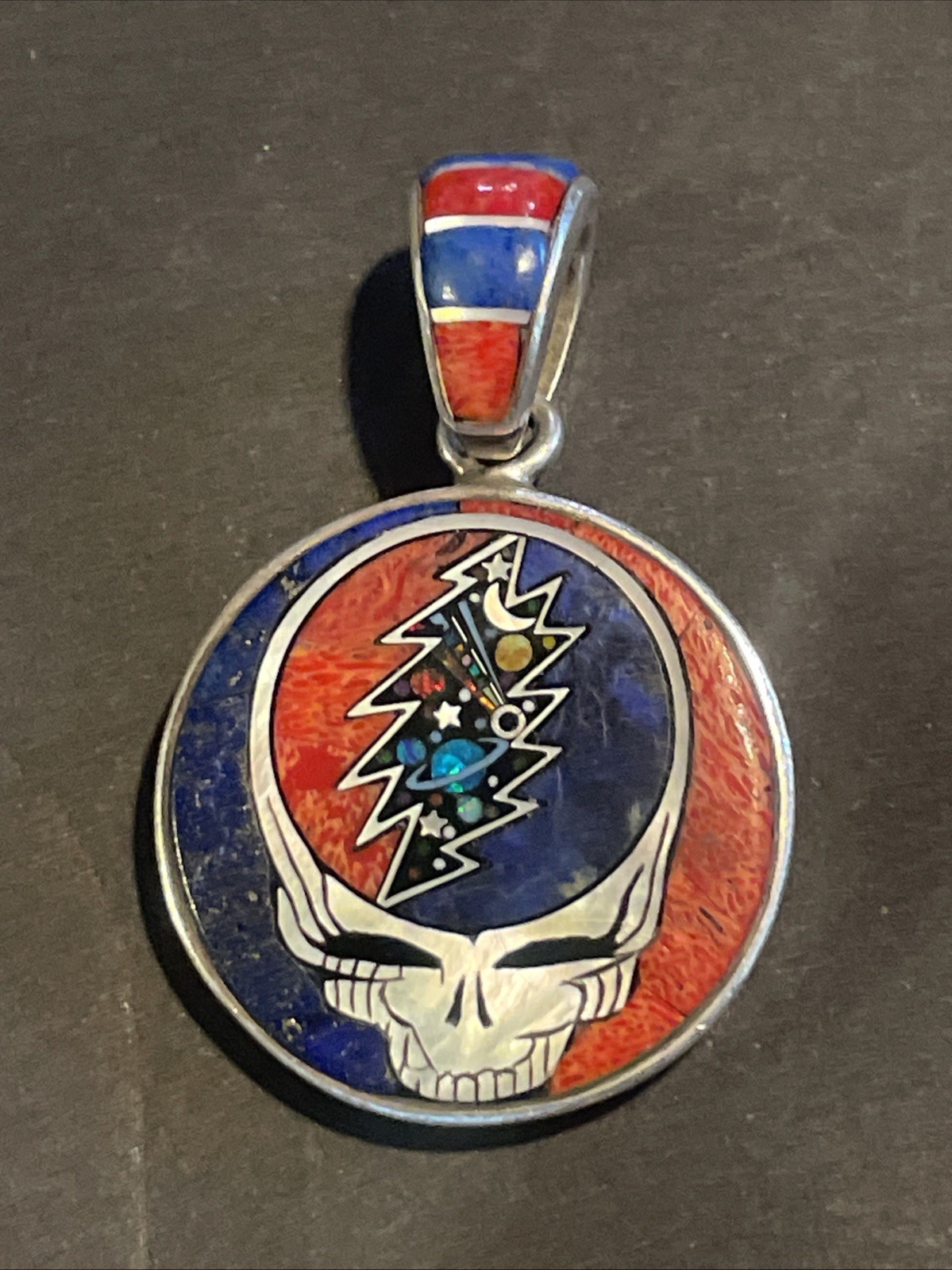 David R Freeland Inlaid Gemstone Grateful Dead Stealie Skull Pendant Silver Rare