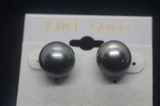 18KTW Genuine Tahitian Pearl Stud Earrings  13.2MM  AAA Gray NEW