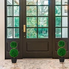 2 Ft. Green Artificial 2-Ball Boxwood Topiary Ball Tree, Fake Decorative Plant,