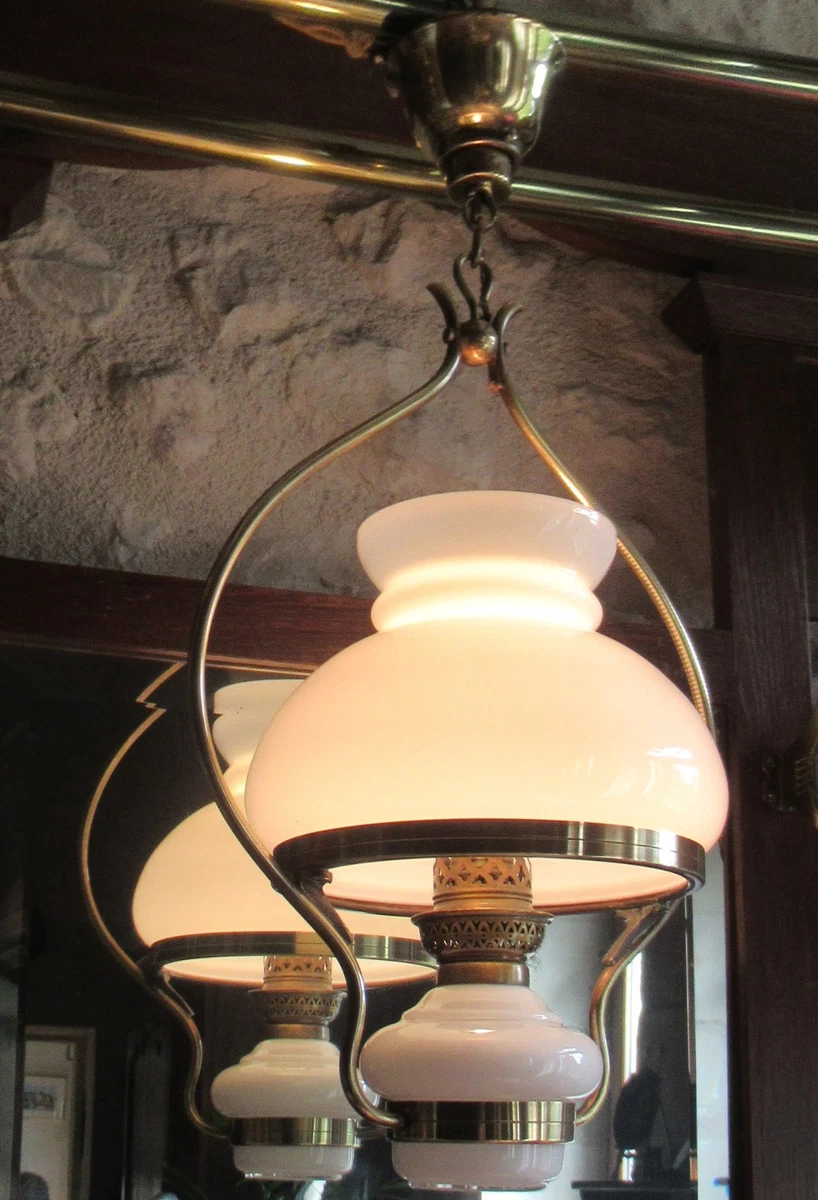 Lustre Suspension Vintage OPALINE Peinte – Paysage – Monte Et Baisse – Verre Ancien