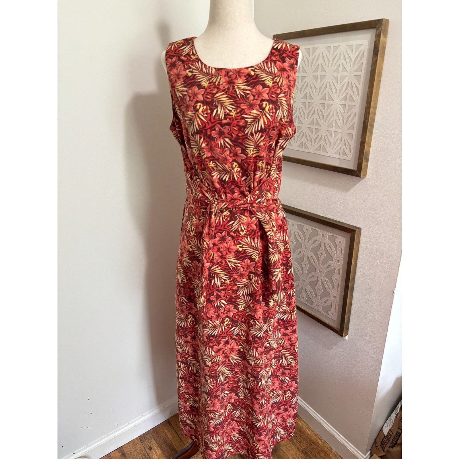 Christopher & Banks Tropical Maxi Dress Red Floral Sleeveless Belted 10 Resort