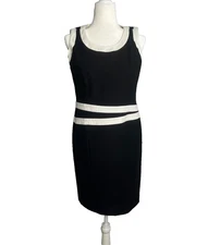 Worth New York Sleeveless Pencil Sheath Dress Size 8 Stretch Black W/ White Trim
