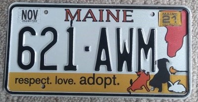 2021 Maine License Plate 621-AWM - respect. love. adopt.