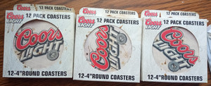 3 - 12 Pack Boxed Coors Light 4" Round Pulp Board Coasters Miller Coors Boelter