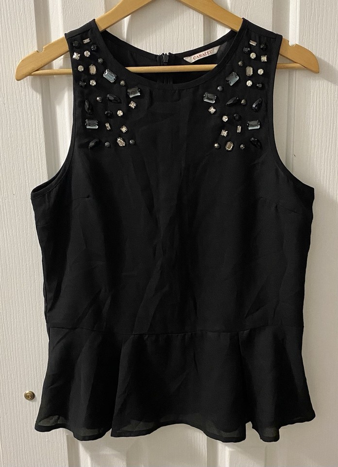 Camaieu Ladies Black Sleeveless Beaded Peplum Blouse Round Neck Zip Closure M