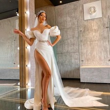Puffy Sleeves Off Shoulder Wedding Dress Crystals Belt Slit Mermaid Bride Gowns