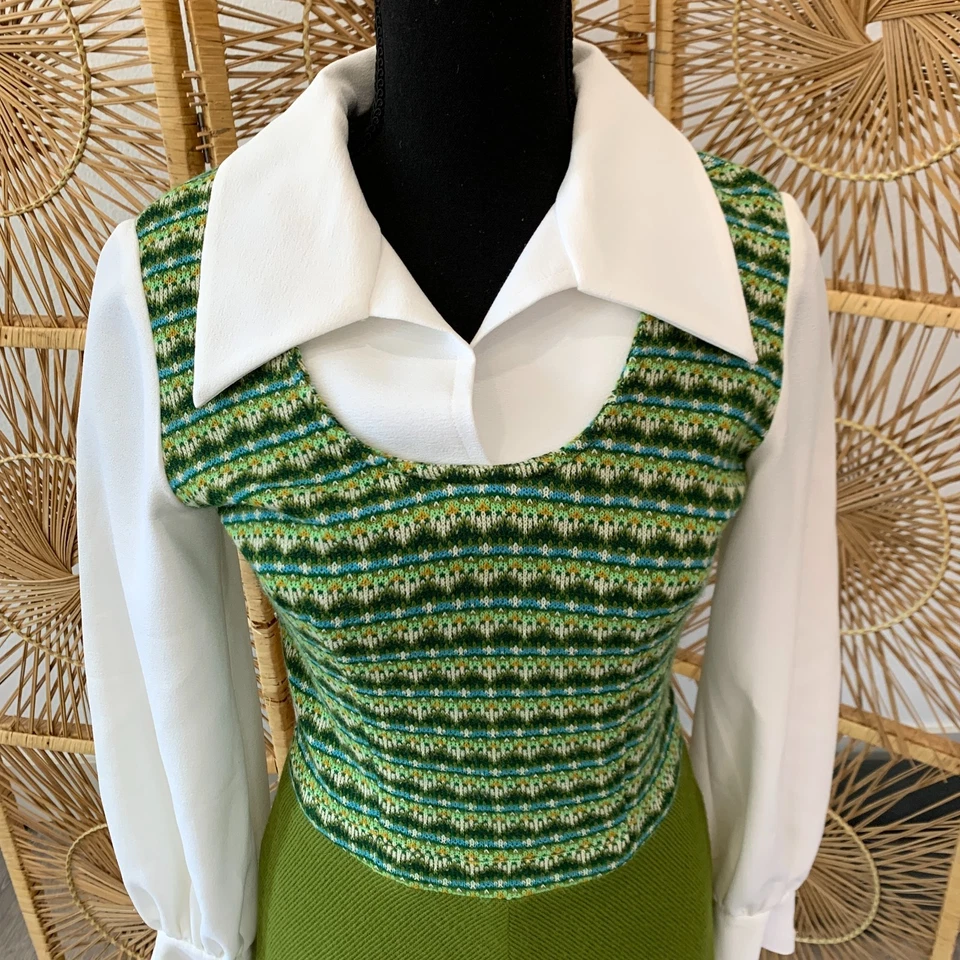 Vintage 60s 70s Handmade Mod Mrs Maisel Twee Collar Knit Sweater Dress Chest 31" - Image 2 of 4