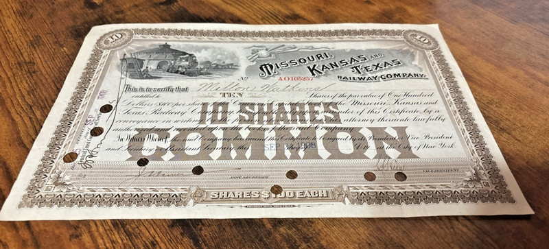 1908 Missouri Kansas & Texas Railway Company 10 Shares Stock Certificate