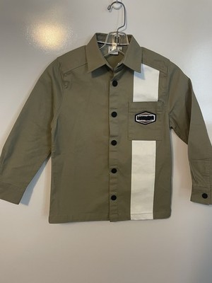 BOSS Boy's Shirt Olive Green White Stripe Pocket Snap Front Size 8