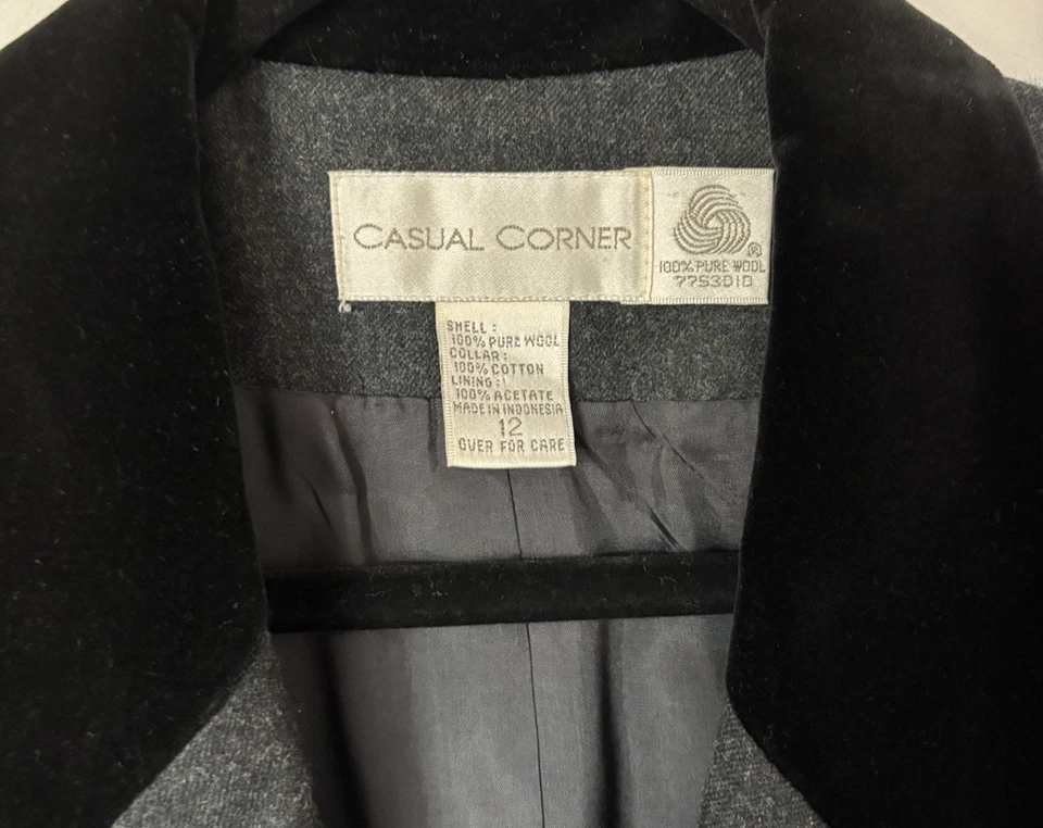 Chaqueta Blazer Esquina Informal De Colección 12 Lana Gris Terciopelo Acentos Elegante Años 80 90 Foto 3 de 4