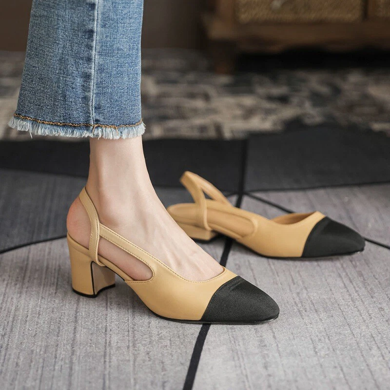 Ella - Leather Block heels,two-tone pumps,beige with Black shoes,pointed Toe slingback,closed Toe slingback,black Toe Shoes,Women Shoes