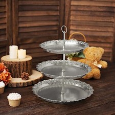 SILVER 15" Plastic 3 Tier Metallic Round CUPCAKE DISPLAY Tower Lace Cut Rim