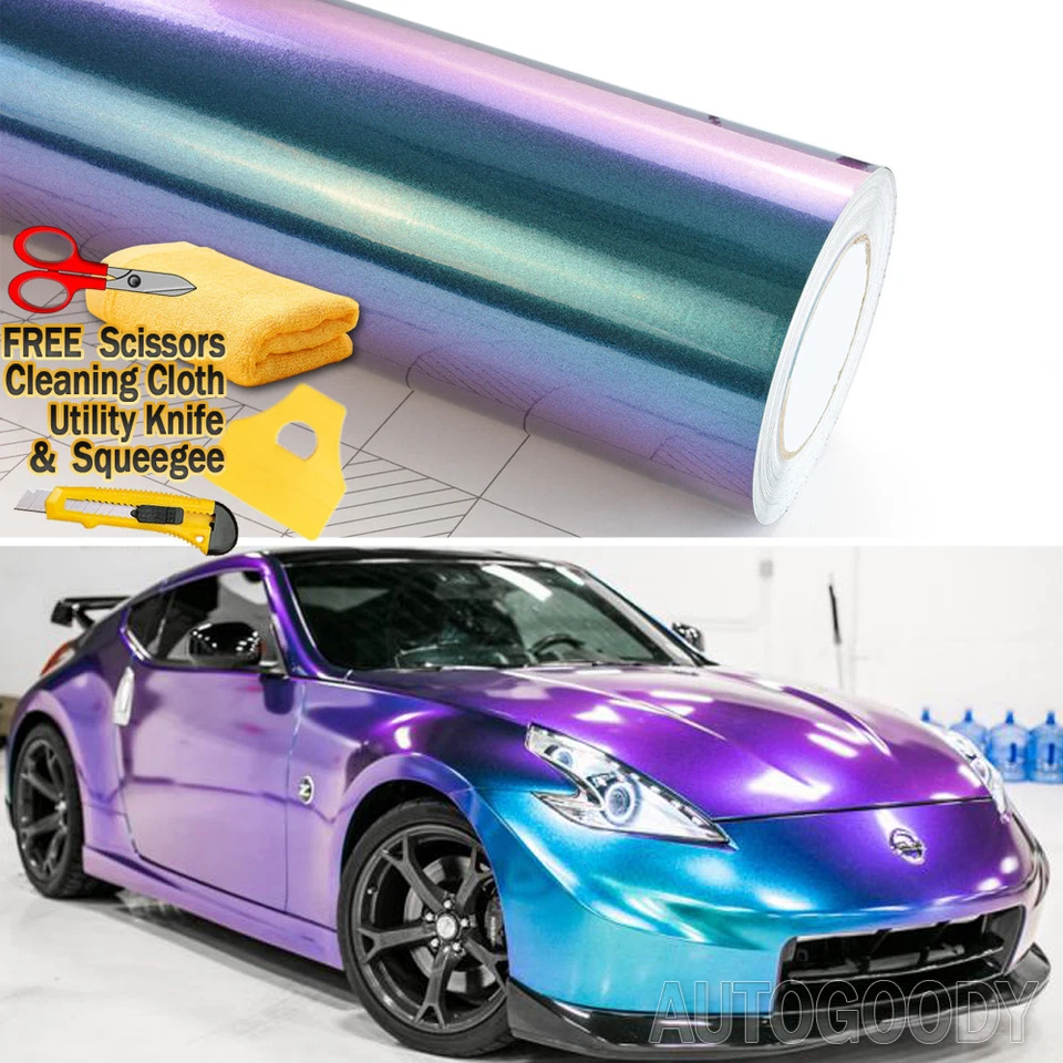 Envoltura de película de vinilo súper brillante metálico camaleón púrpura azul verdoso sin burbujas de aire Foto 3 de 4