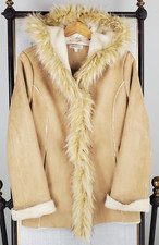 Orvis Womens Size Medium Faux Suede Leather/fur Rancher Jacket Coat Hooded