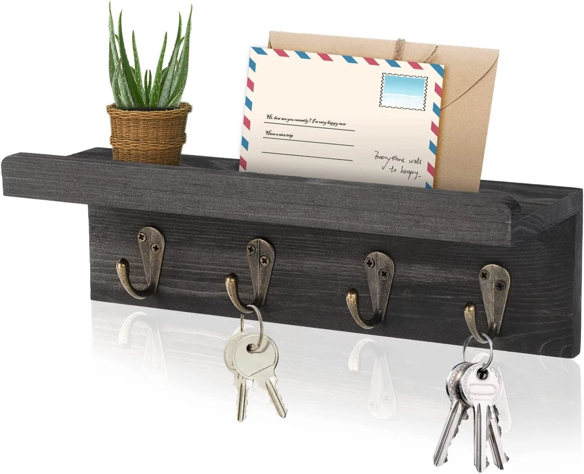 Rustic Key Holder Farmhouse Wall Mounted Shelf 4 Hooks Key Racks