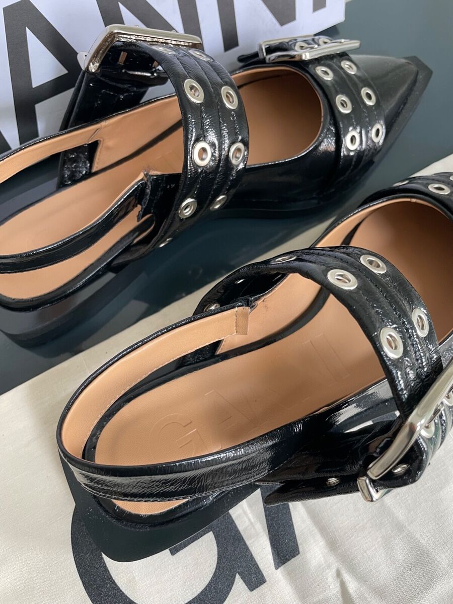 New Ganni Black Patent Slingback Feminine Buckle Ballerinas New Ganni Black Patent Slingback Feminine Buckle Ballerinas