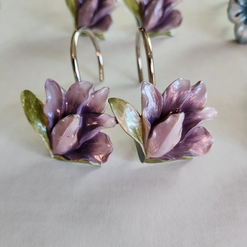 Shower Curtain Hooks Set Of 12 Resin Flower 2 Style Set Blue Purple Silver - Picture 4 of 5