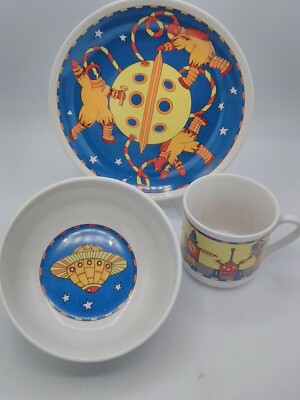 New Old Stock Silvestri Outer Space Man Robots Kid Set plate bowl Mug Ceramic
