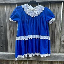VTG Girls Blue And Lace Bib Collar Babydoll Eyelet Dress With Bow Sz 5-8