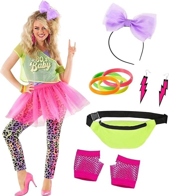Disco Rave Kostüm Für Damen - Tolles 90er Jahre Neon Party Kleid