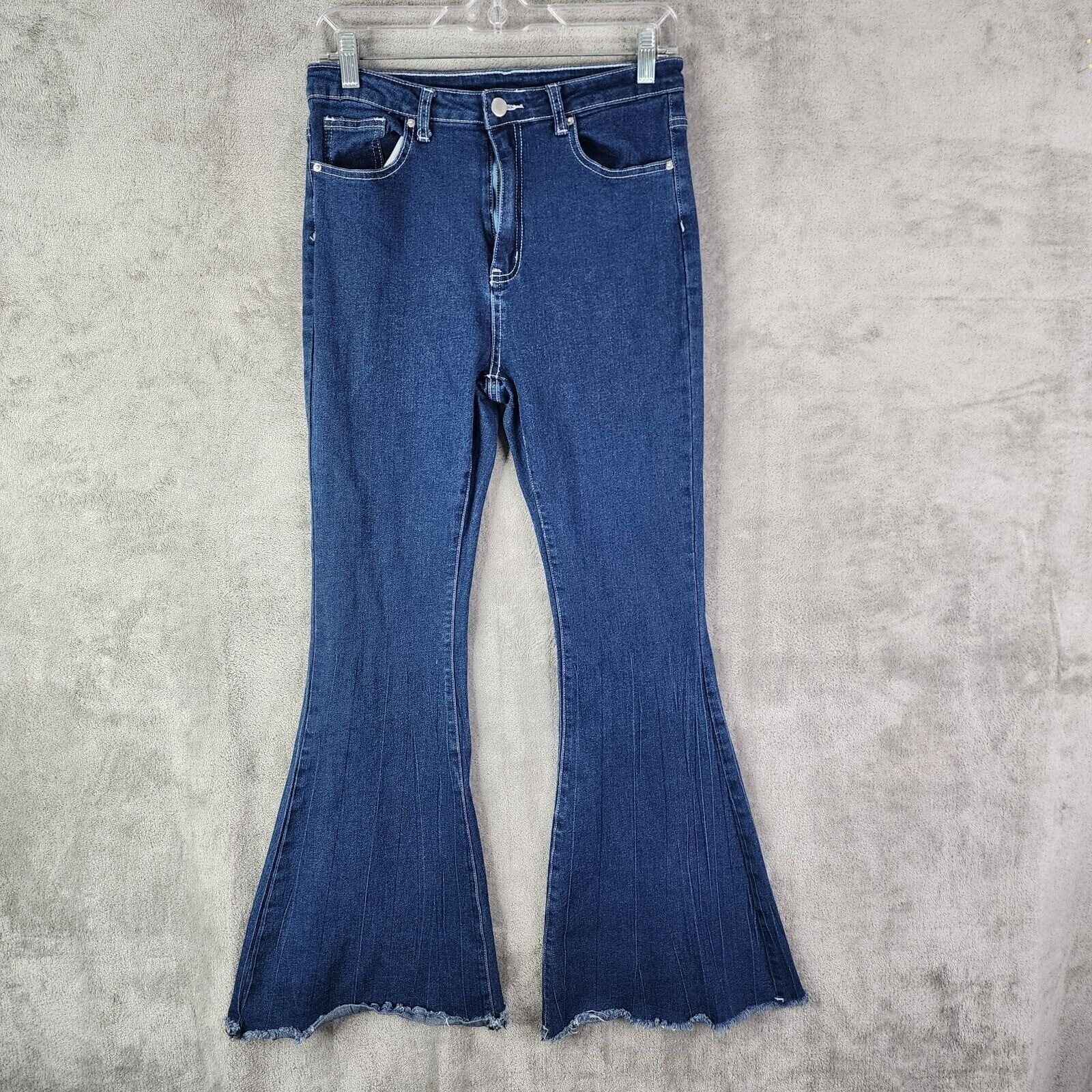 Juniors Shein Flared Bell bottom Blue Denim Jeans Pants Raw Cut