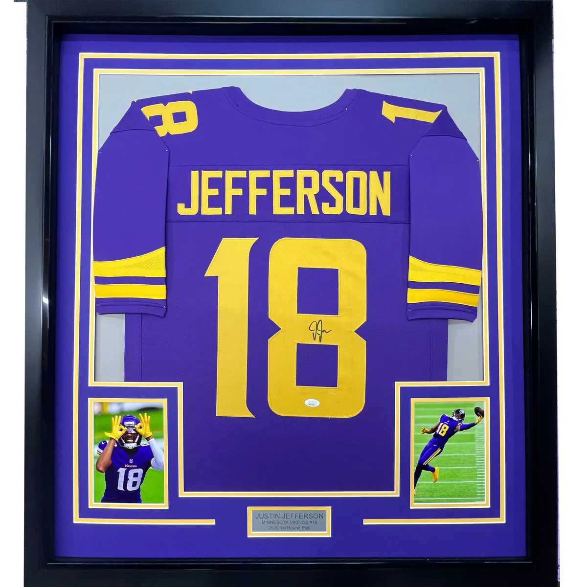 Framed Autographed/Signed JUSTIN JEFFERSON 33x42 Color Rush Jersey JSA COA