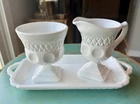 VTG McKee Milk Glass Plymouth Thumbprint Creamer Sugar & Tray Set 3-piece
