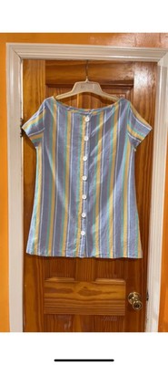 Meg Striped Multicolor Women's Crew Neck Linen Button Down Tunic Top Size M
