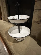 White Metal Distressed 2 Tier Serving Tray With Black Handle Farmhouse Stand