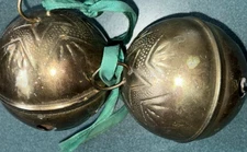 Vtg Set 2 Brass Plated Christmas Bell Ornament Sleigh Bell Star Design 2.25"