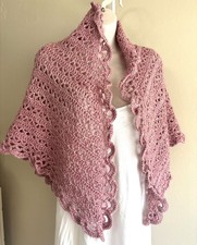 Cozy Hand Crocheted Shawl Wrap Scalloped Mauve Clay Triangle Scarf Soft Acrylic