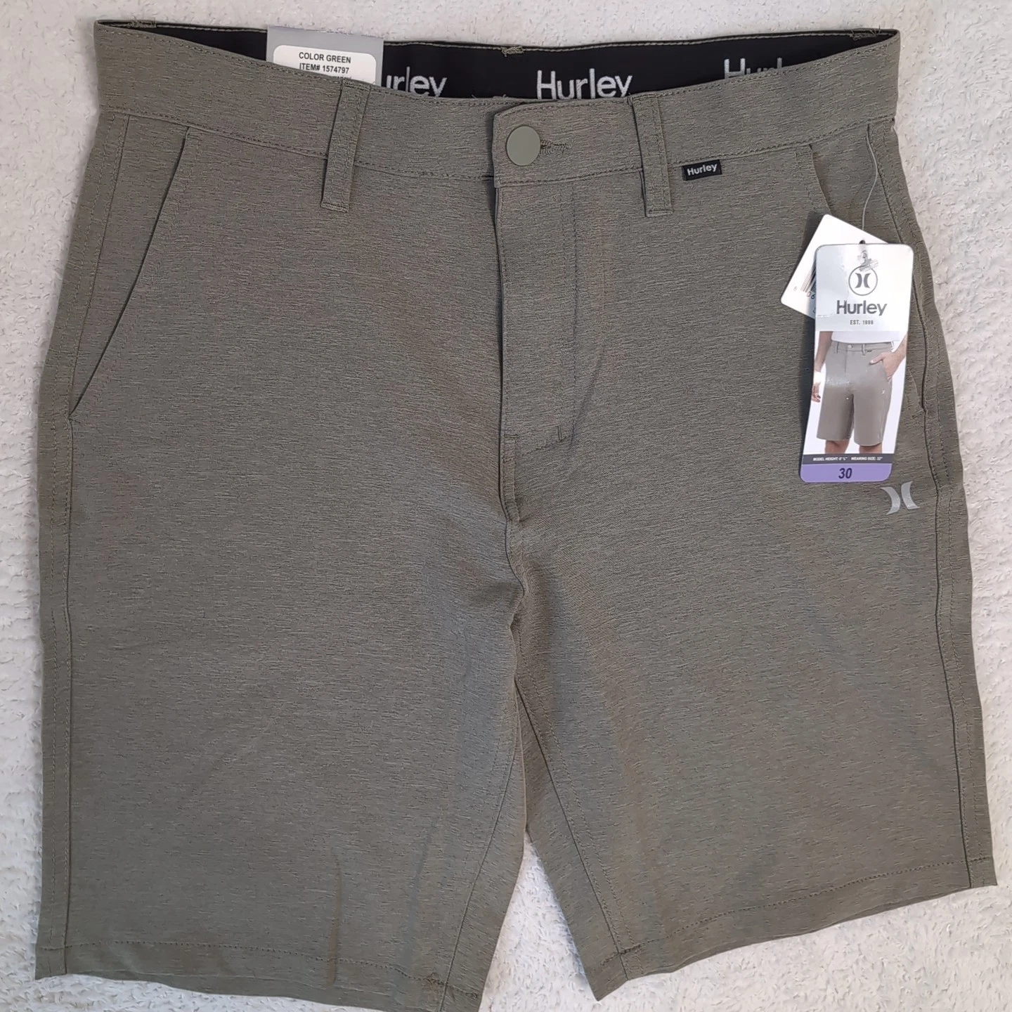 NEW NWT Hurley Men's Hybrid Walk Shorts, Green, Size 30x9" Zip Pockets Stretch