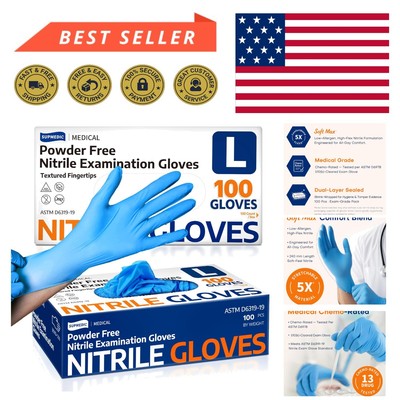 Ultra-Durable Blue Nitrile Gloves, 100 Count - Medical & Food Safe Examinations