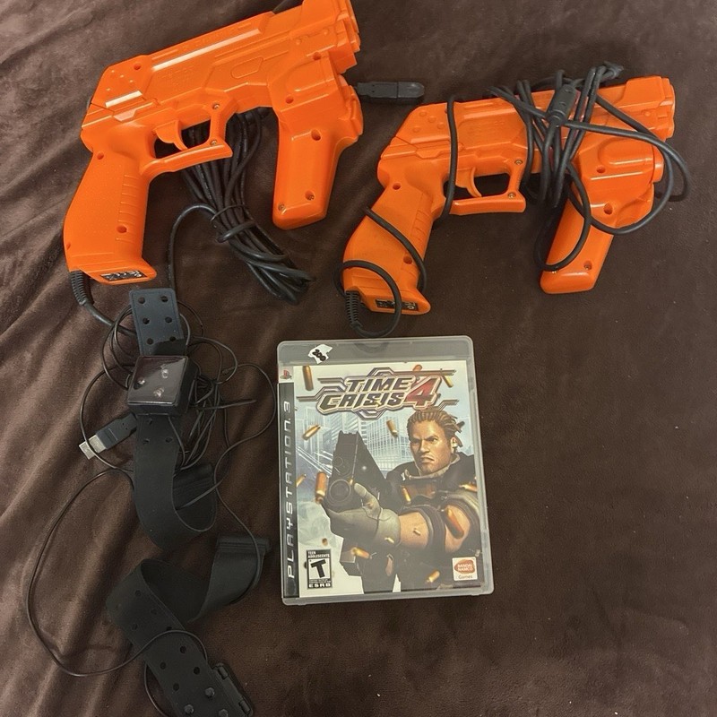 Time Crisis 4 PS3 Game Bundle w/ 2 Orange Gun Controllers + sensors